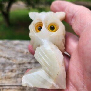 Vintage Italian Alabaster Owl Figurine Made In Carrara Cave Fantiscritti With Ye